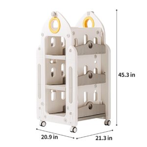 UNICOO Kids Rocket Toy & Bookshelf Storage Organizer, 3-Tier Plastic Rolling Cart, Side & Middle Shelves, Children's Bookshelf with Wheels for Playroom, Classroom, Nursery (White & Grey)