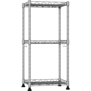 yohkoh 3 tier storage shelves rack,16.6l x 11.5w x 32.5h adjustable metal shelf units,steel storage wire shelving,closet,kitchen,home,office with 5 hooks silver