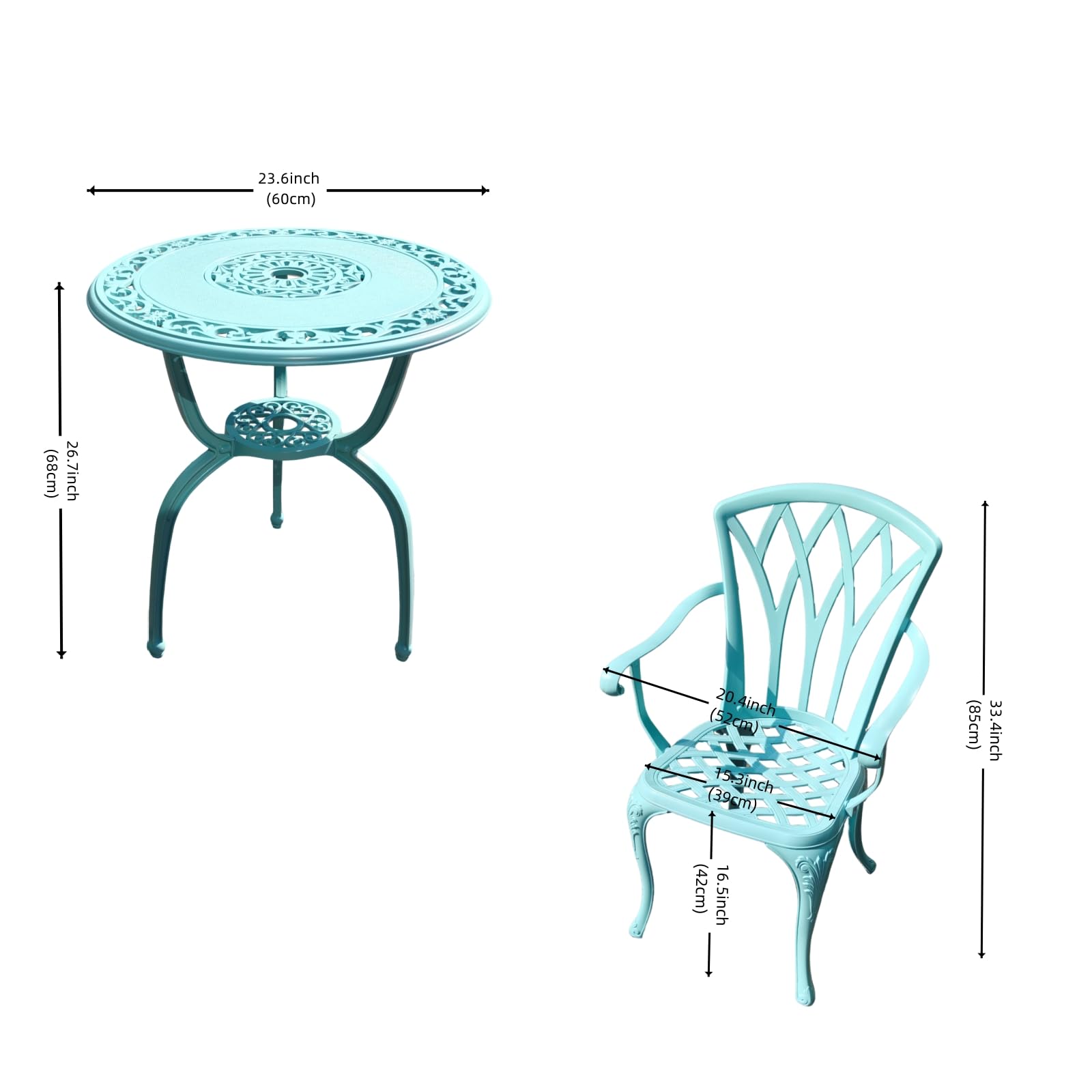 KAILI 3 Piece Bistro Table Set Cast Aluminum Outdoor Patio Furniture with Chair with armrests (Light Blue)