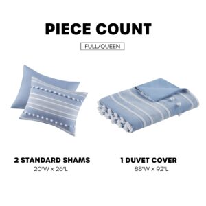 Urban Habitat Queen Duvet Cover Set Clipped Jacquard, Tufts Pompom Accent, Boho Duvet Covers, All Season Lightweight & Fluffy Bedding Cover, Matching Shams, Rowan, Full/Queen Blue 3 Piece