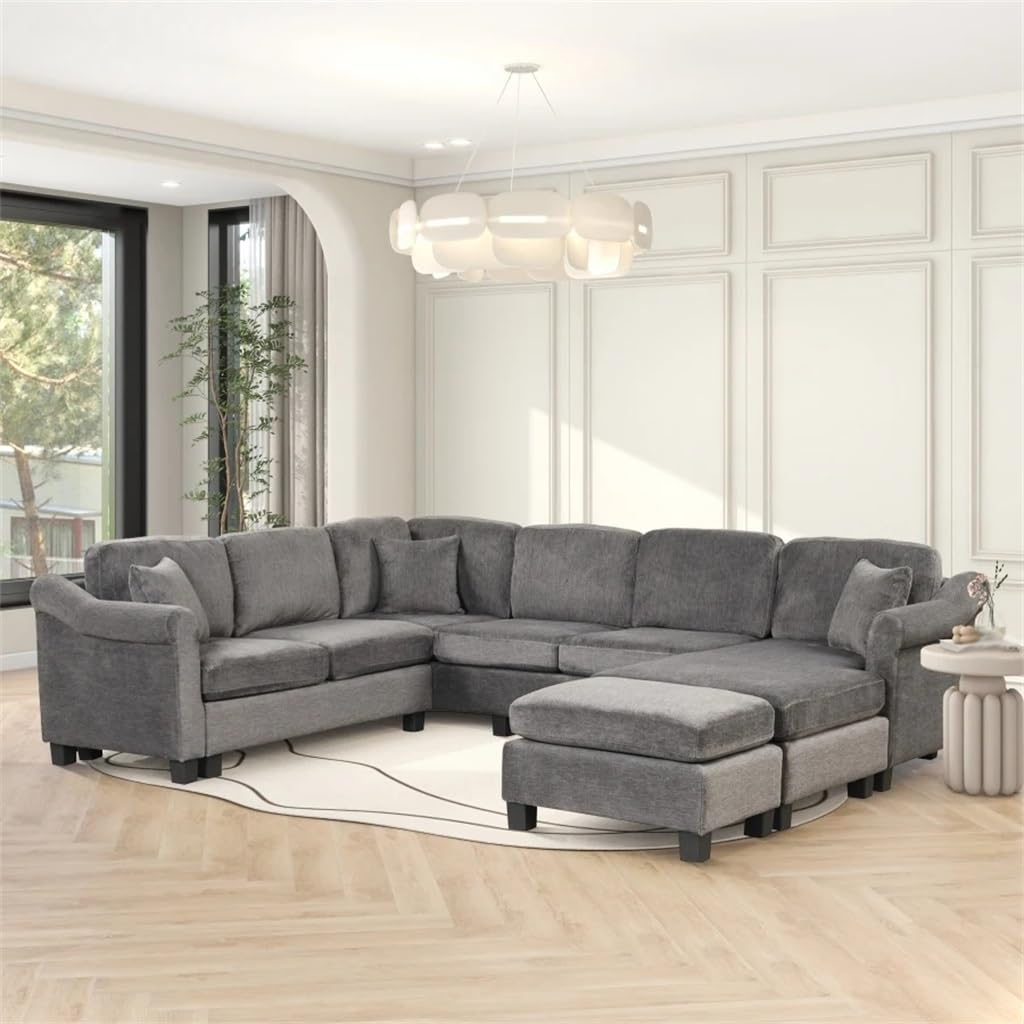 FANCUF 4pcs Sectional Sofa with Ottoman with Right Side Chaise Velvet Fabric Dark Gray (Color : E, Size : As Shown)