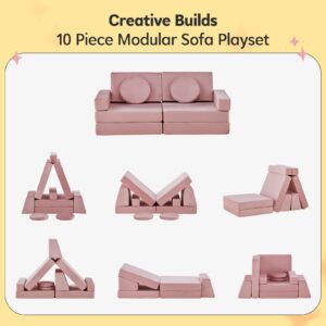 CLIPOP Kids Couch 10pcs Modular Kids Play Couch Set, Kids Couch Building Fort, Instant Rebound Foam, Versatile Child Sectional Sofa for Bedroom Playroom, Stylish Baby Boy Girl Gifts (Pink)