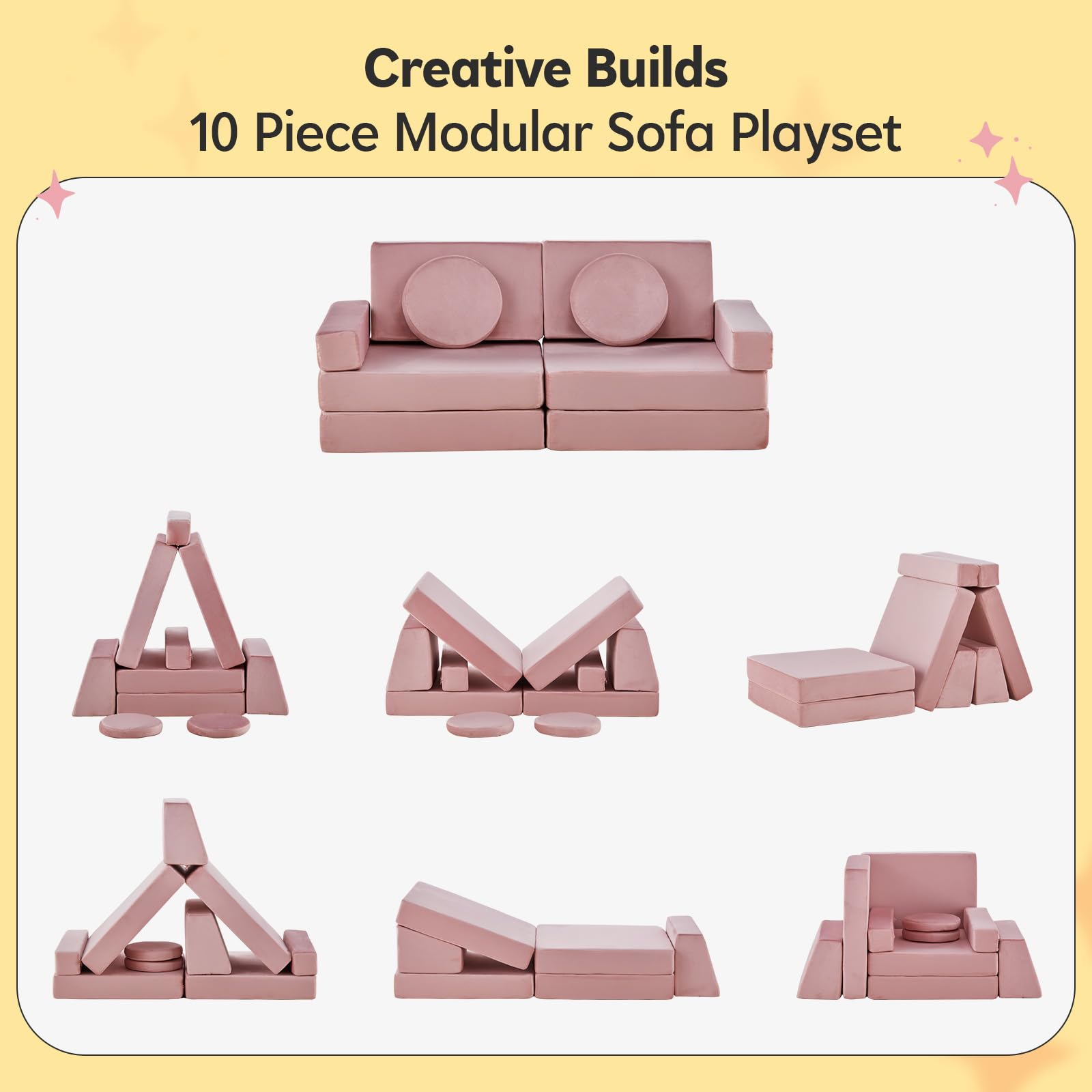 CLIPOP Kids Couch 10pcs Modular Kids Play Couch Set, Kids Couch Building Fort, Instant Rebound Foam, Versatile Child Sectional Sofa for Bedroom Playroom, Stylish Baby Boy Girl Gifts (Pink)