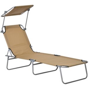 outsunny outdoor lounge chair, adjustable folding chaise lounge, tanning chair with sun shade for beach, camping, hiking, backyard, tan