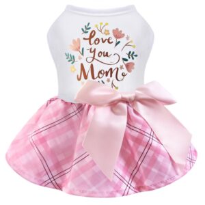 idepet dog dress love you mom, mother's day dog dresses puppy skirt pet apparel daisy sleeveless holiday clothes for small dogs girls and cats, pink plaid, medium