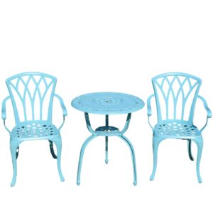 KAILI 3 Piece Bistro Table Set Cast Aluminum Outdoor Patio Furniture with Chair with armrests (Light Blue)