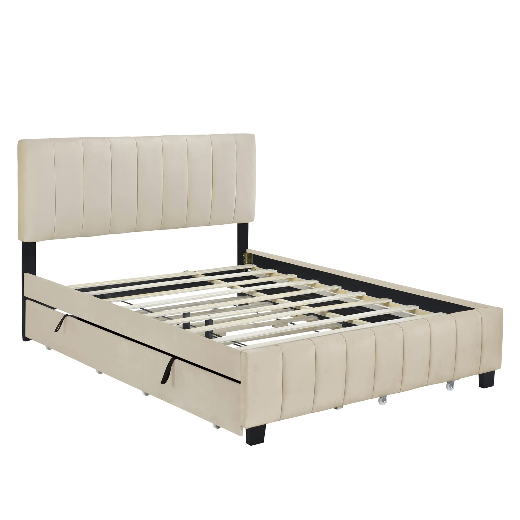 GINGVAT Platform Beds Queen Size, Velvet Upholstered Platform Bed with 2 Drawers and Trundle, Modern Style, Beige