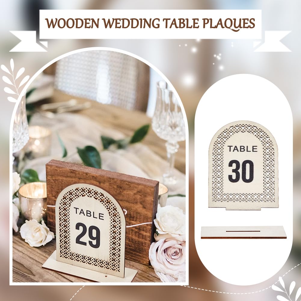 OLYCRAFT 30 Sets Wooden Table Number Signs 3.1x4.3 Inch Numbers 1~30 Rattan Openwork Wooden Sign Wedding Table Numbers Stands with Base Table Number Display for Restaurant Receptions Wedding Supplies