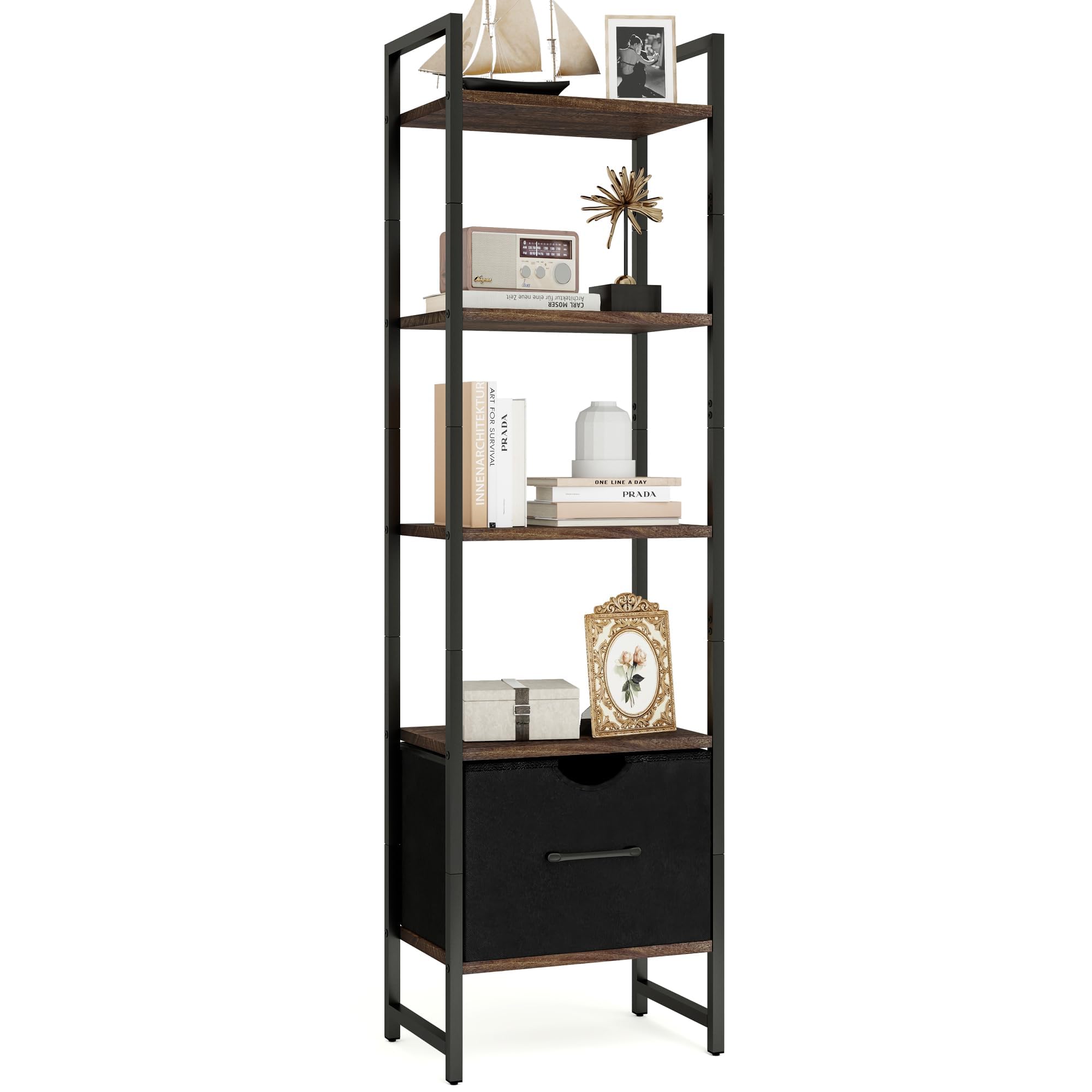 Fun Memories 5-Tier Bookshelf with Drawer - Tall & Narrow Bookcase, Solid Wood & Metal Book Shelf Storage Organizer, Free-Standing Storage Unit for Bedroom, Living Room, Home Office-Brown