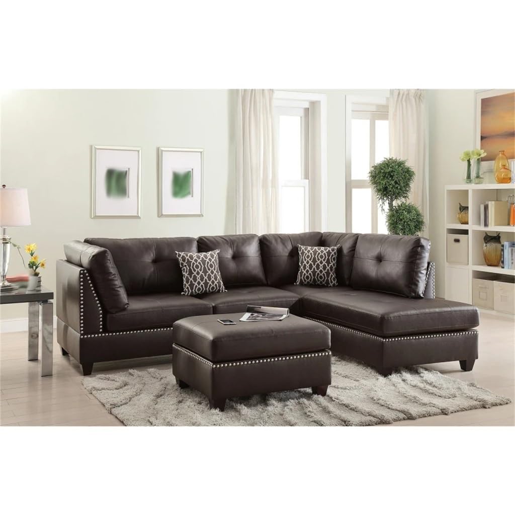 FANCUF Faux Leather Reversible Sectional Sofa with Ottoman in Espresso