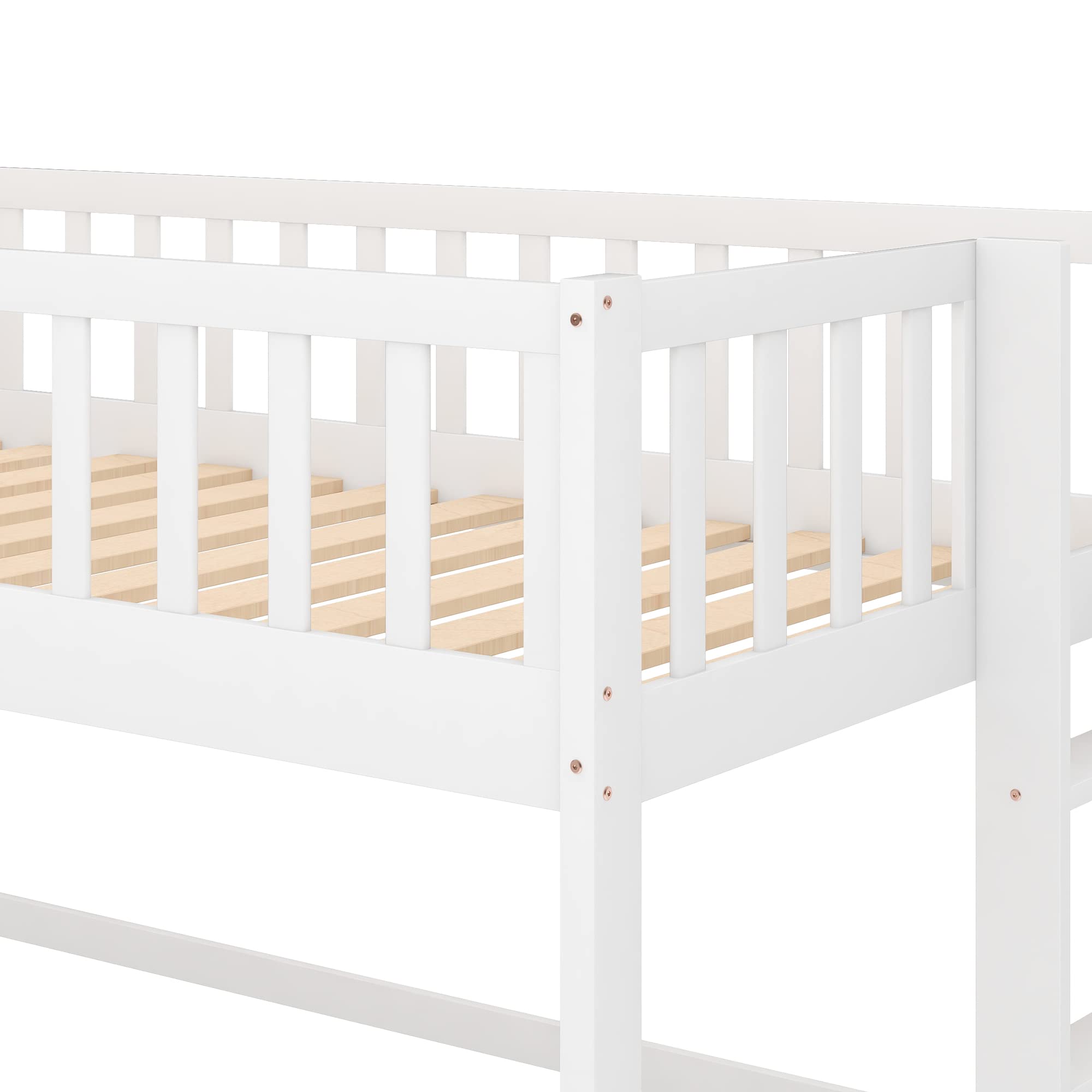 Kids Twin Loft Bed with Slide Rails, Low Beds Frame Wooden for Toddler Boys Girls Junior Slat Support, No Box Spring Needed, White