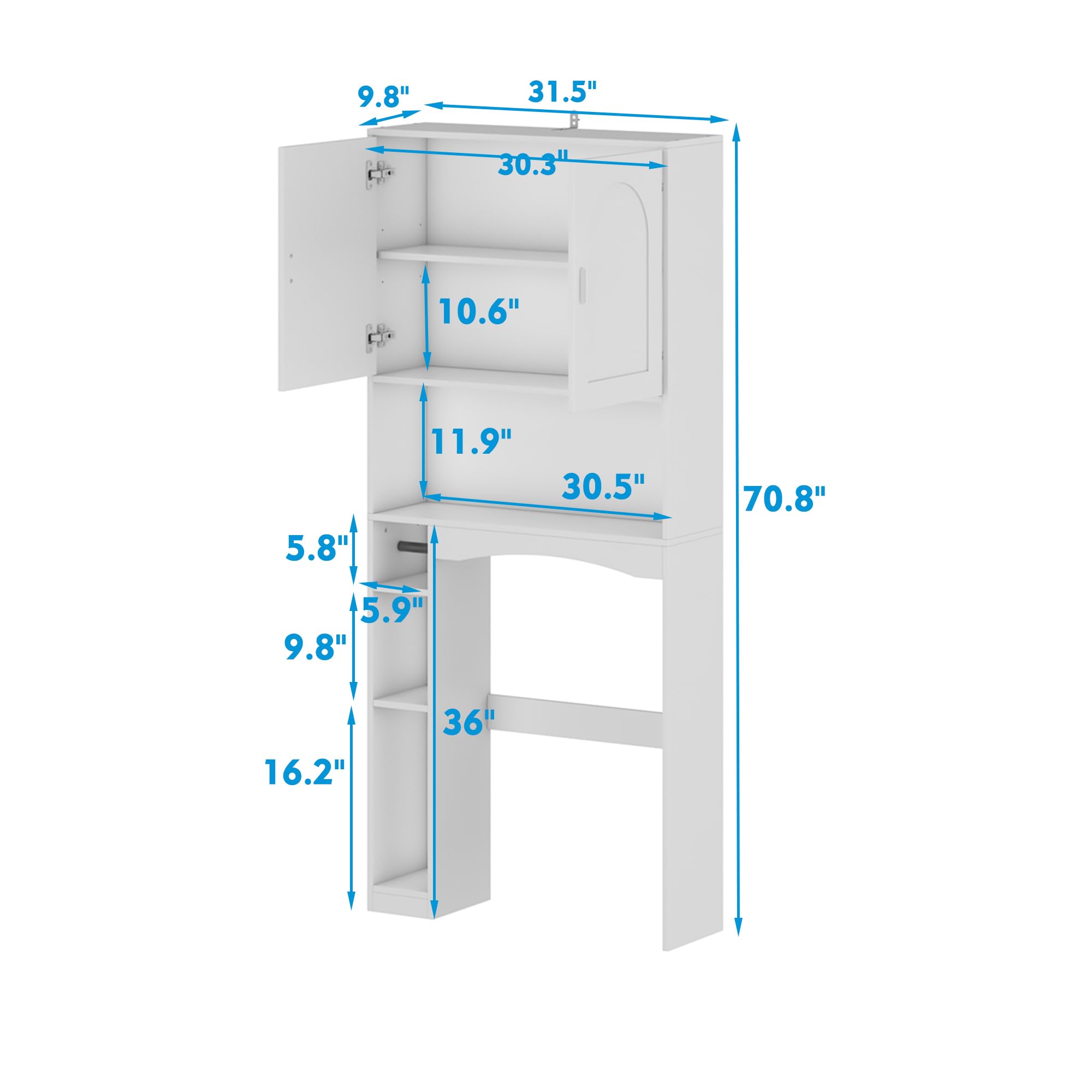 AIEGLE Over The Toilet Storage Cabinet with Open & Hidden Shelves, 70.9"H Modern 6-Tier Over Toilet Organizer Bathroom Shelf, Above Toilet Storage with Toilet Paper Holder for Restroom, Laundry, White