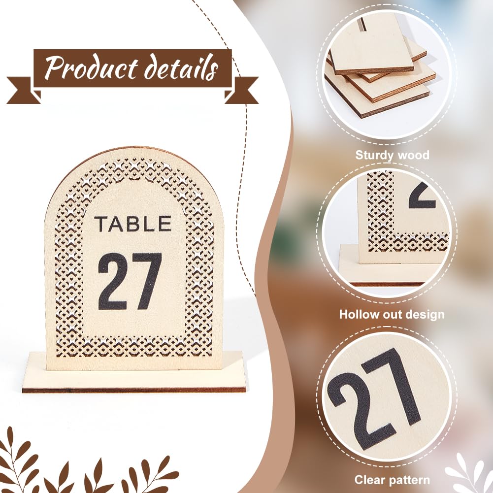 OLYCRAFT 30 Sets Wooden Table Number Signs 3.1x4.3 Inch Numbers 1~30 Rattan Openwork Wooden Sign Wedding Table Numbers Stands with Base Table Number Display for Restaurant Receptions Wedding Supplies