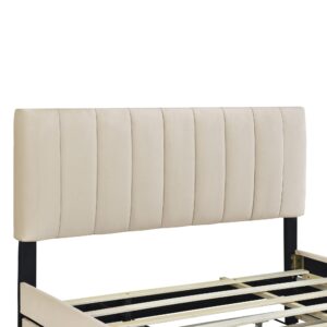 GINGVAT Platform Beds Queen Size, Velvet Upholstered Platform Bed with 2 Drawers and Trundle, Modern Style, Beige