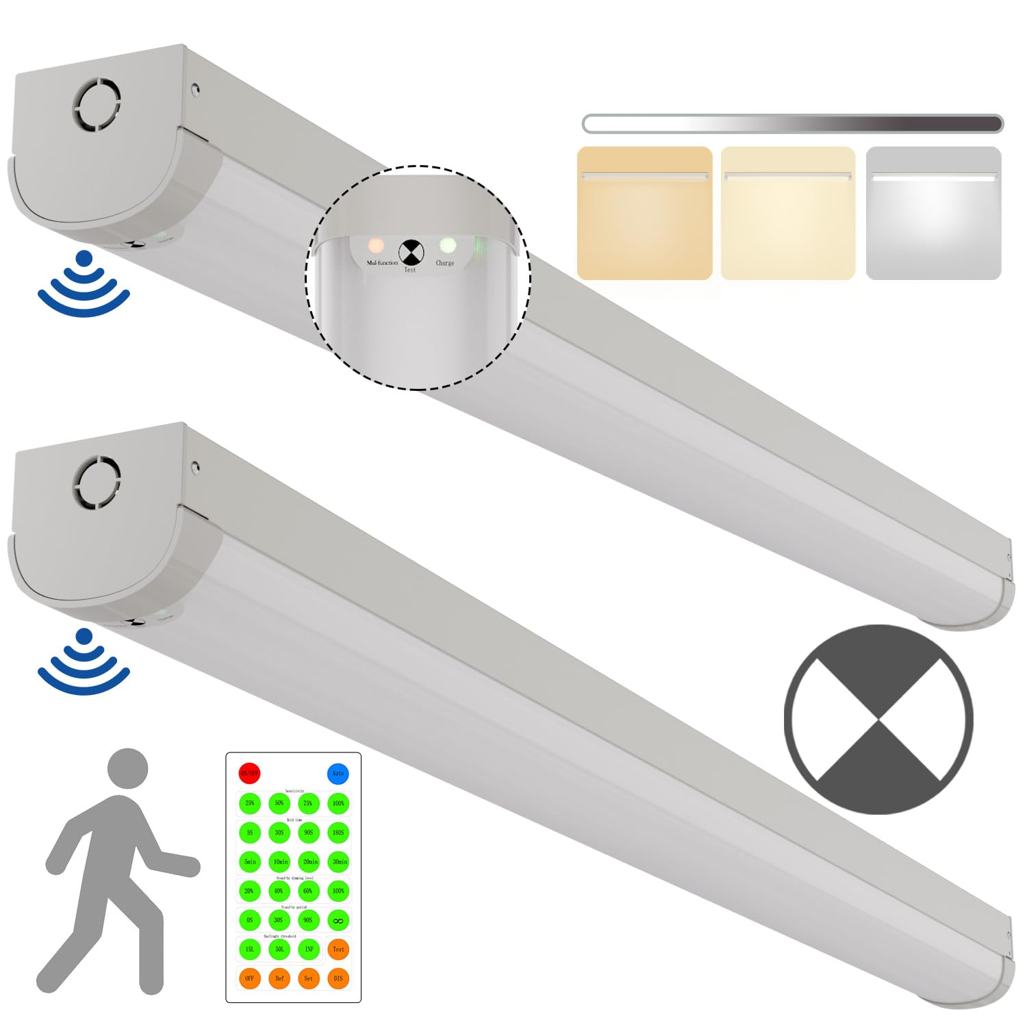 2 Pack 4FT Tri-Level Sensor LED Linear Strip Emergency Stairwell Light w/Remote, CCT 20W/40W Selectable, 125lm/W, Battery Backup, 30K/40K/50K, IP20, Dimmable Commercial Shop Ceiling Light Fixture, FCC