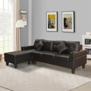 FANCUF Sectional Sofa Set for Living Room with L Shape Chaise Lounge,Cup Holder and Left Or Right Hand Chaise 4 Seat Black PU