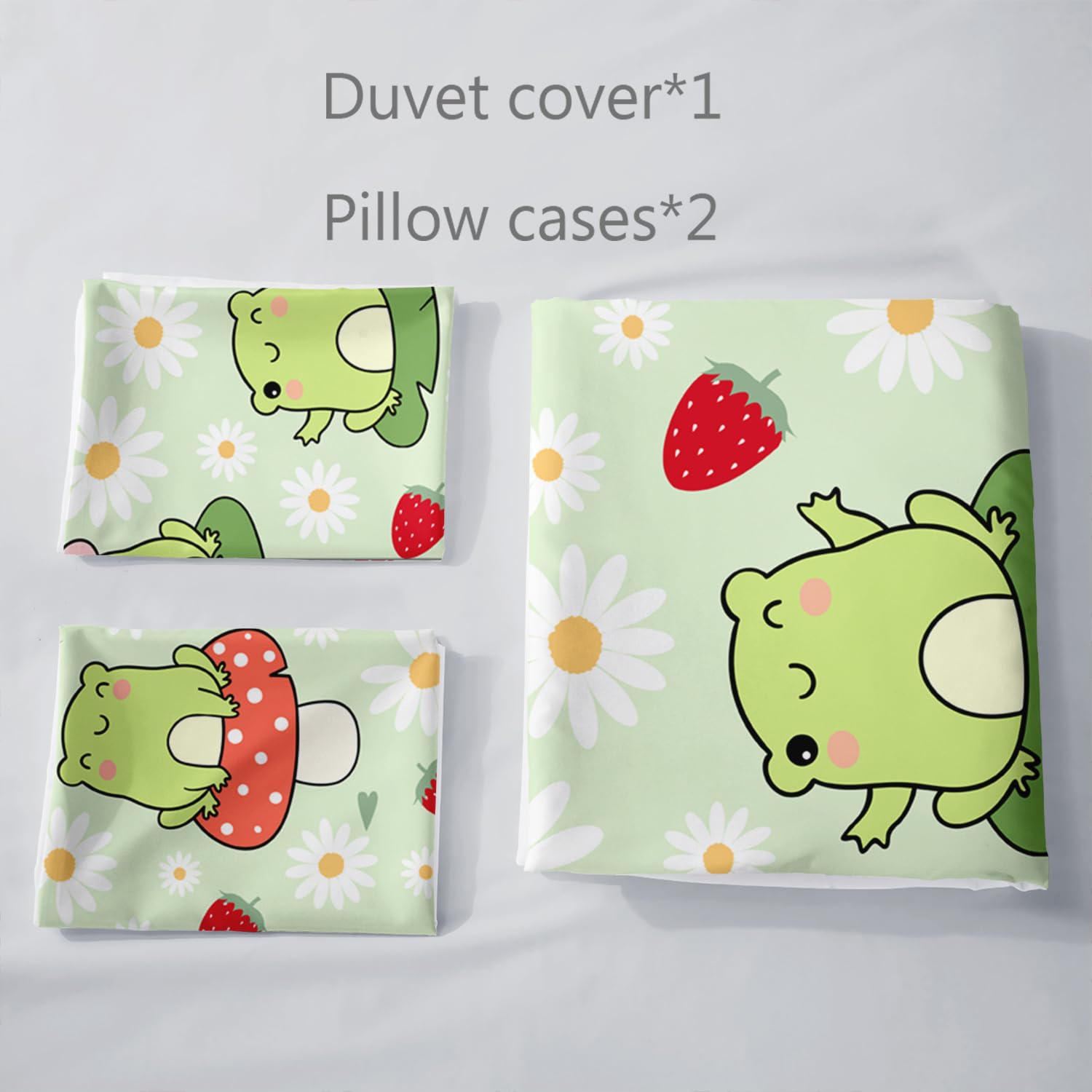 AILONEN Cute Frog Kids Duvet Cover Set, 3 Pieces Queen Size Frog Bedding Set,Cute Frog Strawberry Pattern Comforter Cover Set, 1 Quilt Cover and 2 Pillowcases