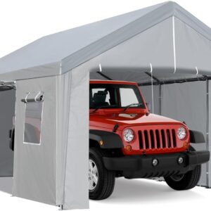 GAOMON Carport 10'x 20' Heavy Duty Carport Canopy with Semi-Auto Ventilated Windows & Roll-up Door w/Zipper, Portable Garage with Steel Frame and Waterproof UV-Treated Cover for Car, Boats, Truck