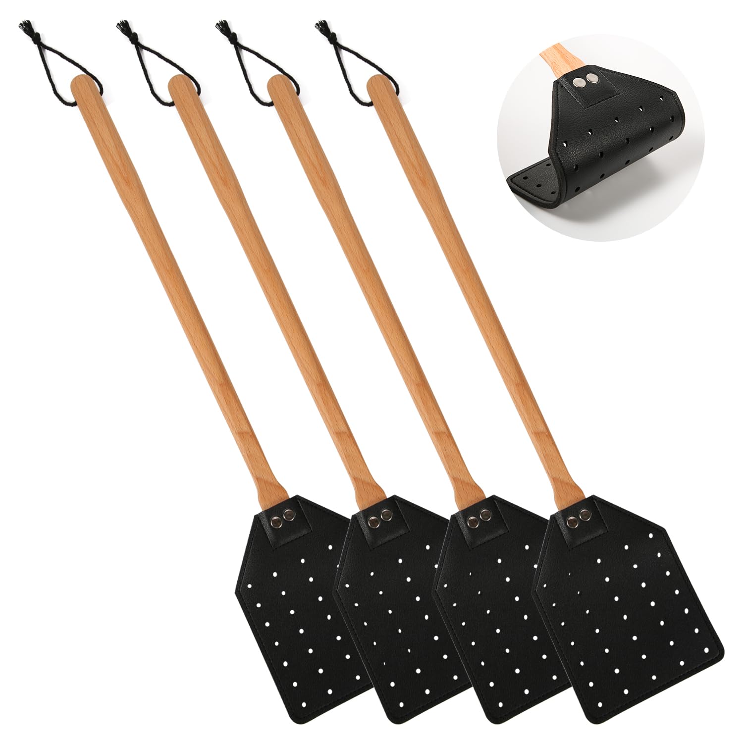 PEUTIER 4pcs Fly Swatters, Leather Flyswatter Manual Heavy Duty Fly Swatter with Long Wooden Handle Hollow Out Wasp Swatter for Home Indoor Outdoor Kitchen