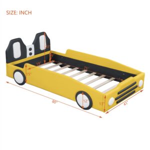 Merax Race Car Bed Frame for Boys,Soft PU Leather Twin Bed for Kids with Wheels,Soft Headboard and Guard Board,Fits Standard Twin Mattress(Mattress not Included)