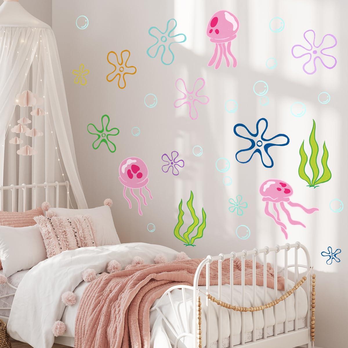 Under The Sea Jellyfish Bubbles Wall Stickers，Under The Sea Ocean Wall Decals，Removable Vinyl Under The Sea Decor，Underwater Sea Wall Stickers for Toddler Baby Nursery Living Room Office.