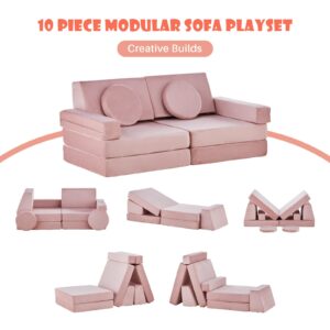 CLIPOP Kids Couch 10pcs Modular Kids Play Couch Set, Kids Couch Building Fort, Instant Rebound Foam, Versatile Child Sectional Sofa for Bedroom Playroom, Stylish Baby Boy Girl Gifts (Pink)