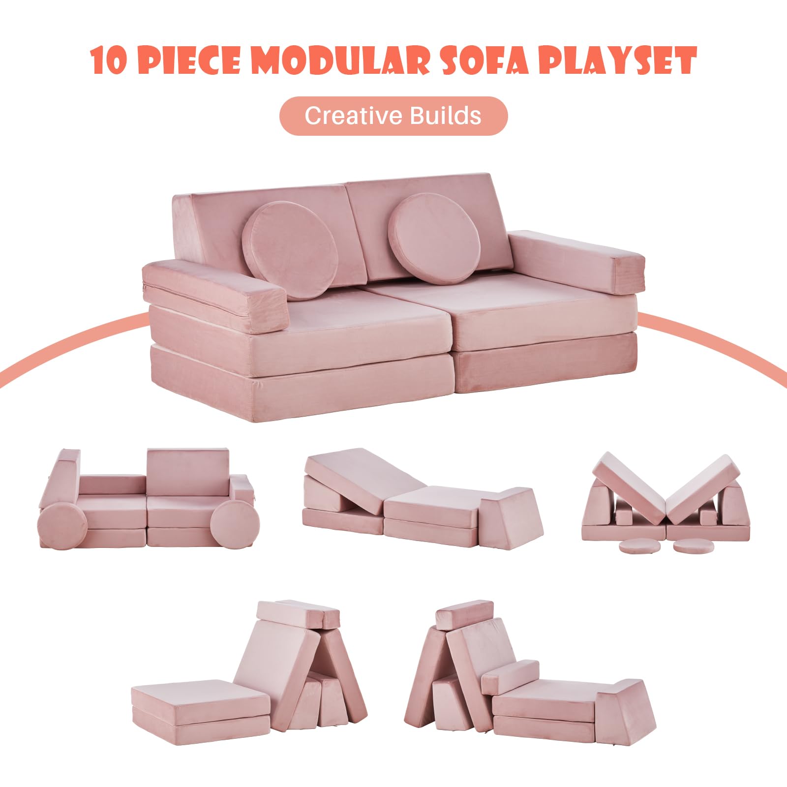 CLIPOP Kids Couch 10pcs Modular Kids Play Couch Set, Kids Couch Building Fort, Instant Rebound Foam, Versatile Child Sectional Sofa for Bedroom Playroom, Stylish Baby Boy Girl Gifts (Pink)