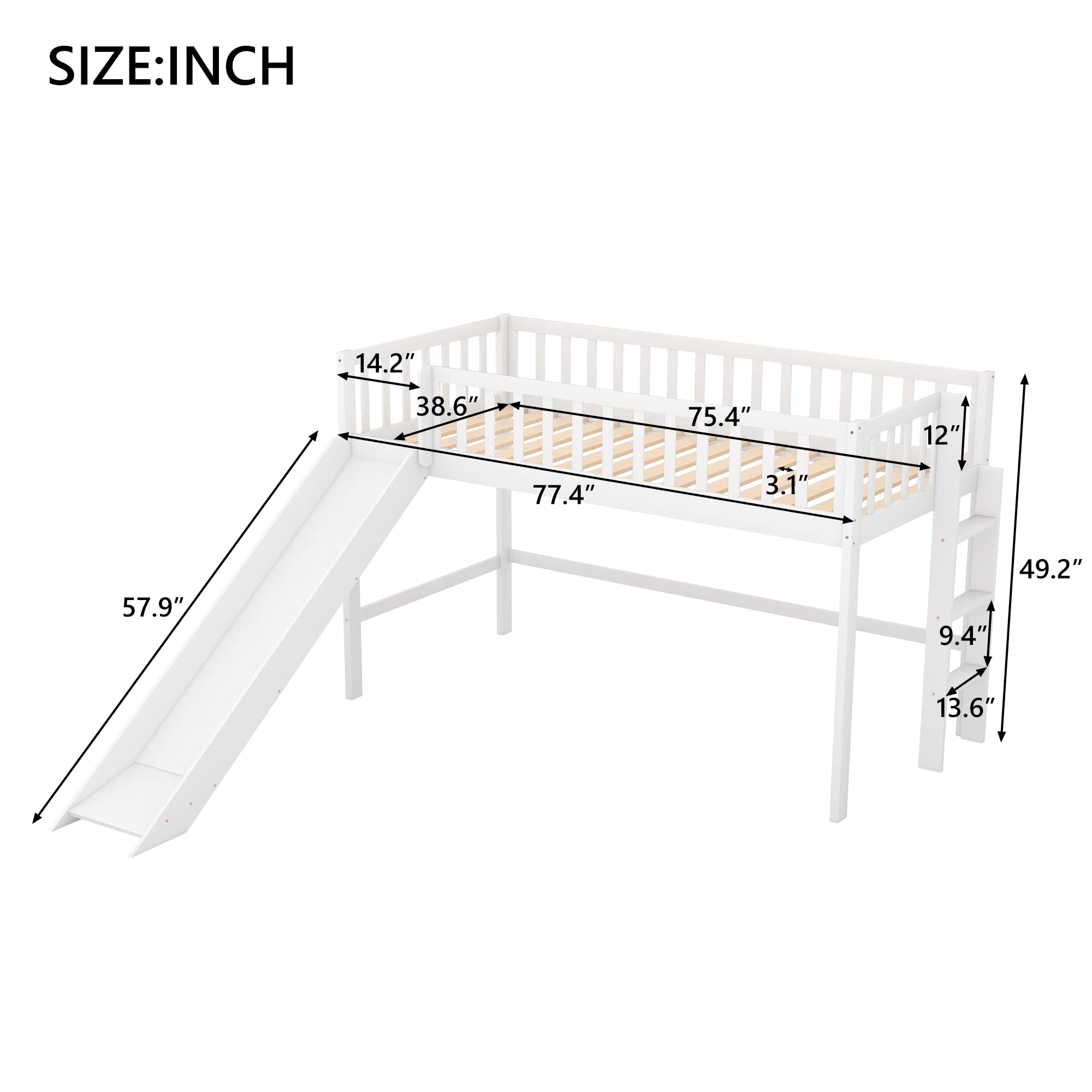 Kids Twin Loft Bed with Slide Rails, Low Beds Frame Wooden for Toddler Boys Girls Junior Slat Support, No Box Spring Needed, White