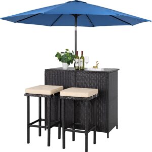 patiomore 3-piece patio outdoor bar set with removable cushions and glass top table patio brown wicker furniture with two stools and 10 ft patio umbrella, dark blue