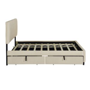 GINGVAT Platform Beds Queen Size, Velvet Upholstered Platform Bed with 2 Drawers and Trundle, Modern Style, Beige