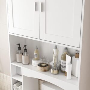 AIEGLE Over The Toilet Storage Cabinet with Open & Hidden Shelves, 70.9"H Modern 6-Tier Over Toilet Organizer Bathroom Shelf, Above Toilet Storage with Toilet Paper Holder for Restroom, Laundry, White