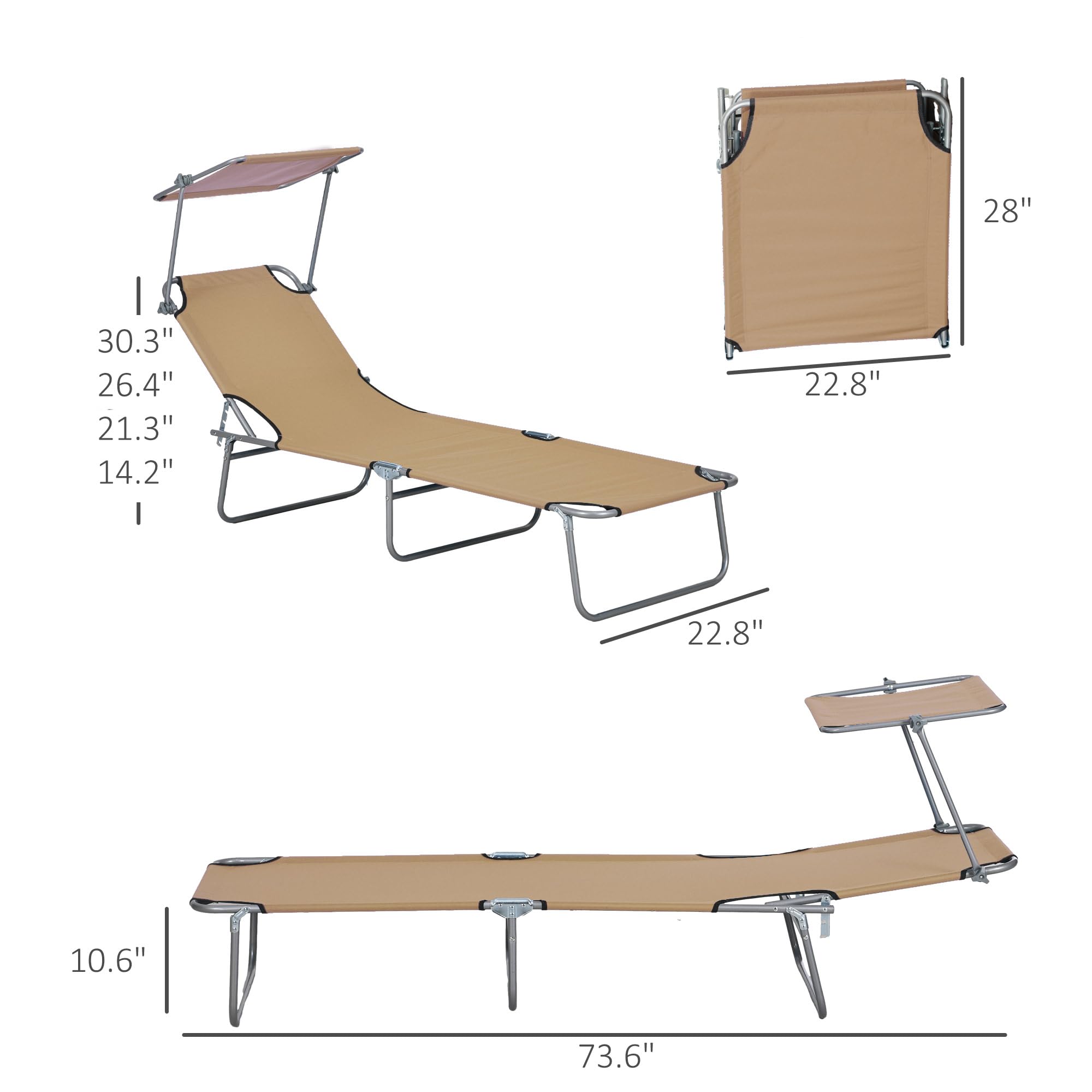 Outsunny Outdoor Lounge Chair, Adjustable Folding Chaise Lounge, Tanning Chair with Sun Shade for Beach, Camping, Hiking, Backyard, Tan