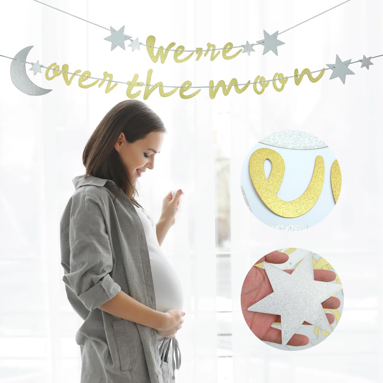 We’re Over The Moon Banner，Creative Alphabet Party Banner，Over The Moon Baby Shower Decoration，Golden Glitter Party Wall Decoration，Wedding Bridal Shower Baby Shower Anniversary Party Decorations