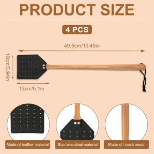 PEUTIER 4pcs Fly Swatters, Leather Flyswatter Manual Heavy Duty Fly Swatter with Long Wooden Handle Hollow Out Wasp Swatter for Home Indoor Outdoor Kitchen