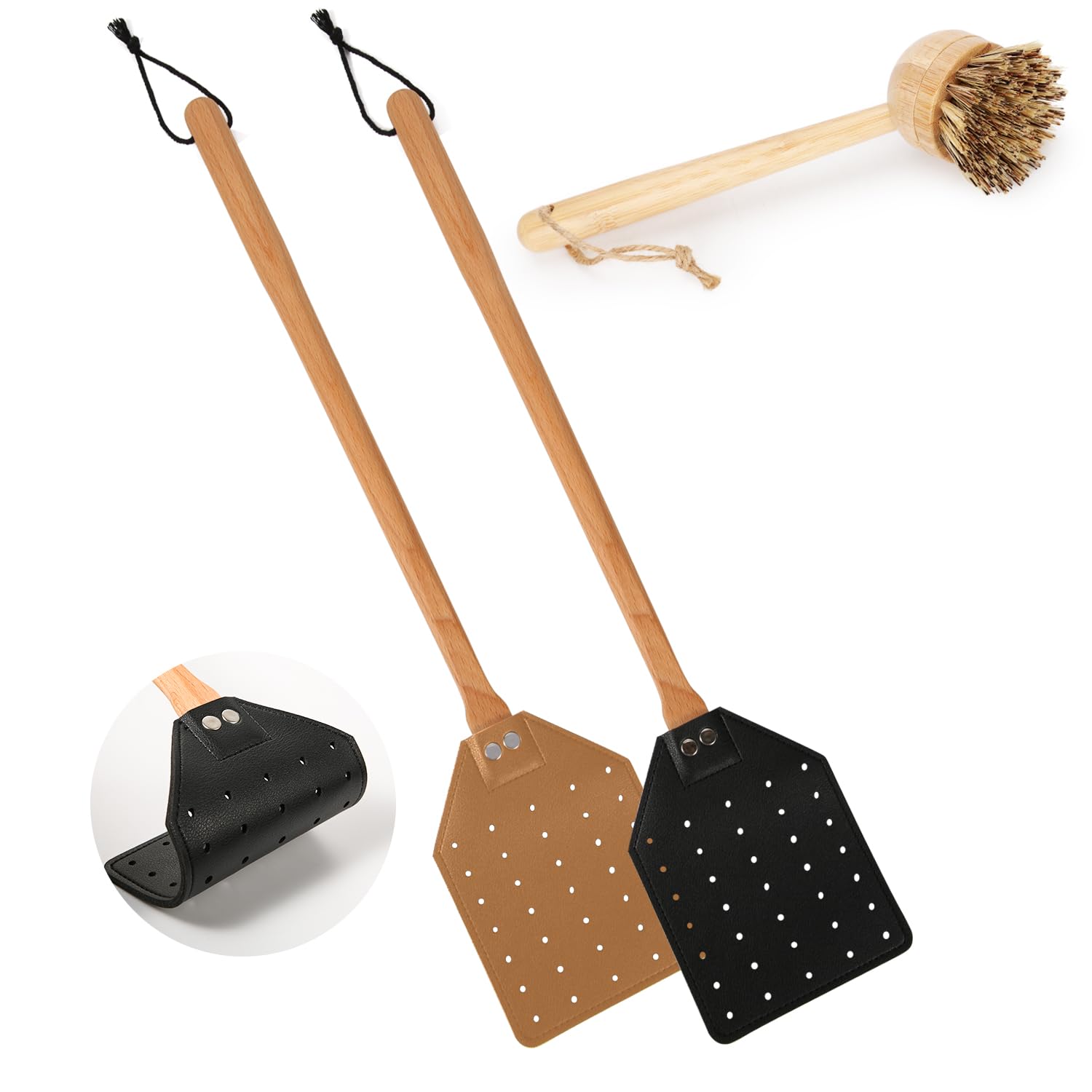 Fly Swatter Sets, 2pcs Leather Flyswatter+1pc Brush, Manual Heavy Duty Fly Swatter with Long Wooden Handle Hollow Out Wasp Swatter for Home Indoor Outdoor (Brown+Black)