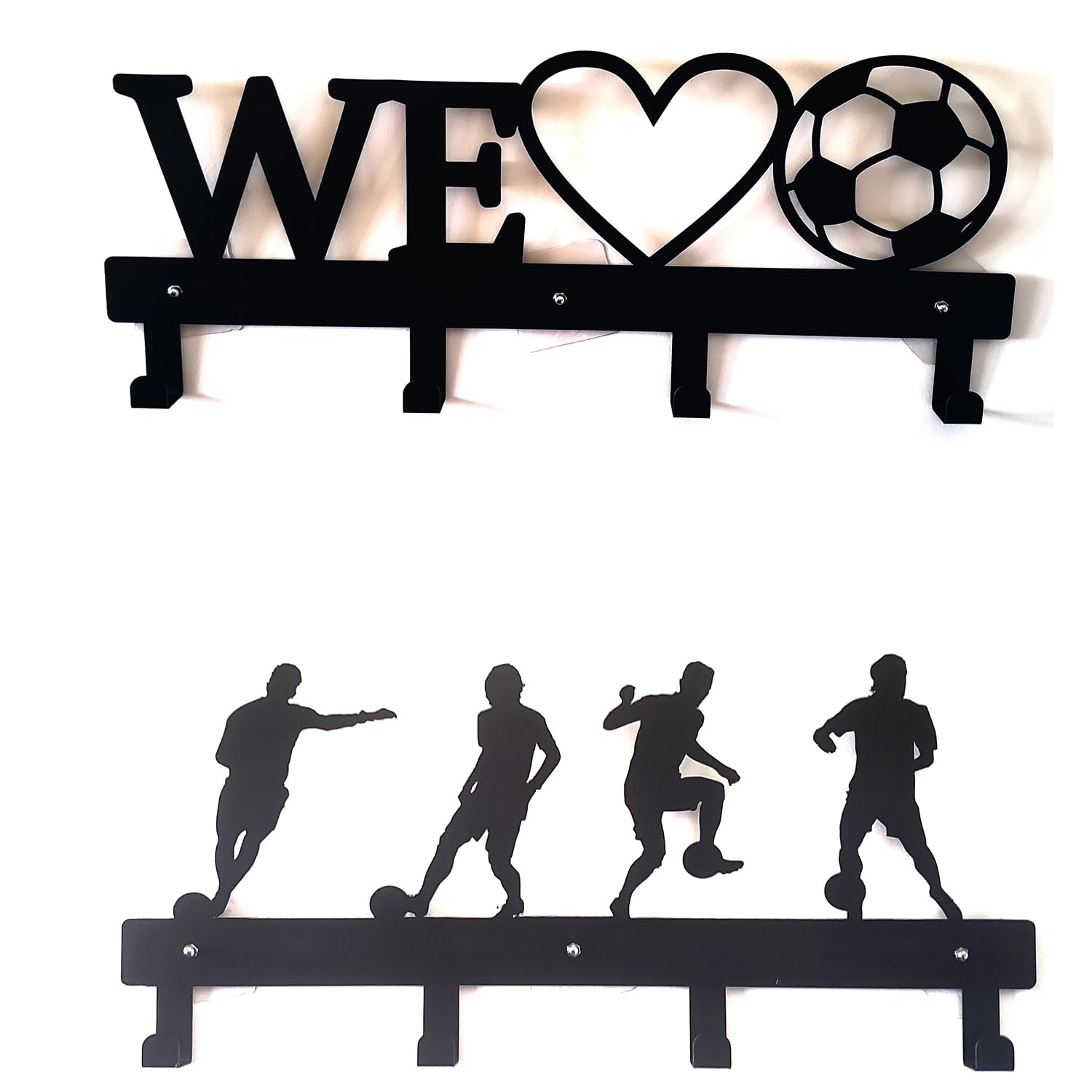 GarrDesign 2 Pack Soccer Football Holder Metal Sign Home Decor Door Coat Hanger, Wall Mount Art Housewarming Gift Sports