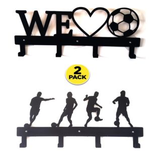 GarrDesign 2 Pack Soccer Football Holder Metal Sign Home Decor Door Coat Hanger, Wall Mount Art Housewarming Gift Sports