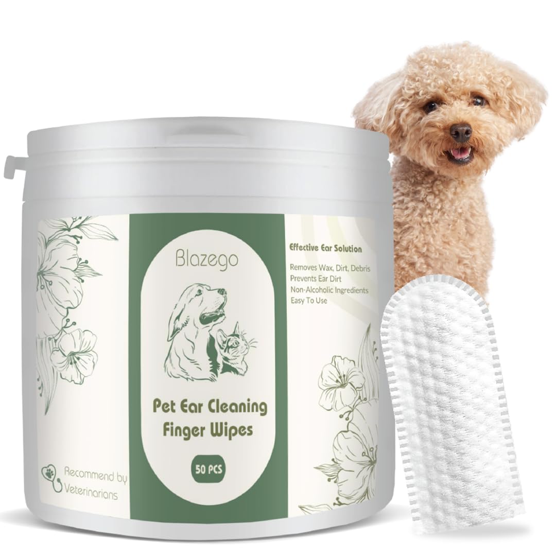 Blazego Ear Finger Wipes for Pets, Dog Ear Cleaner, Natural Ingredients, Remove Earwax & Odor for puppy, Relieve Ear Itching and Prevent Infection, Non-irritative and Convenient, 50 Counts