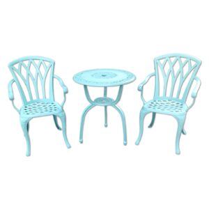 KAILI 3 Piece Bistro Table Set Cast Aluminum Outdoor Patio Furniture with Chair with armrests (Light Blue)