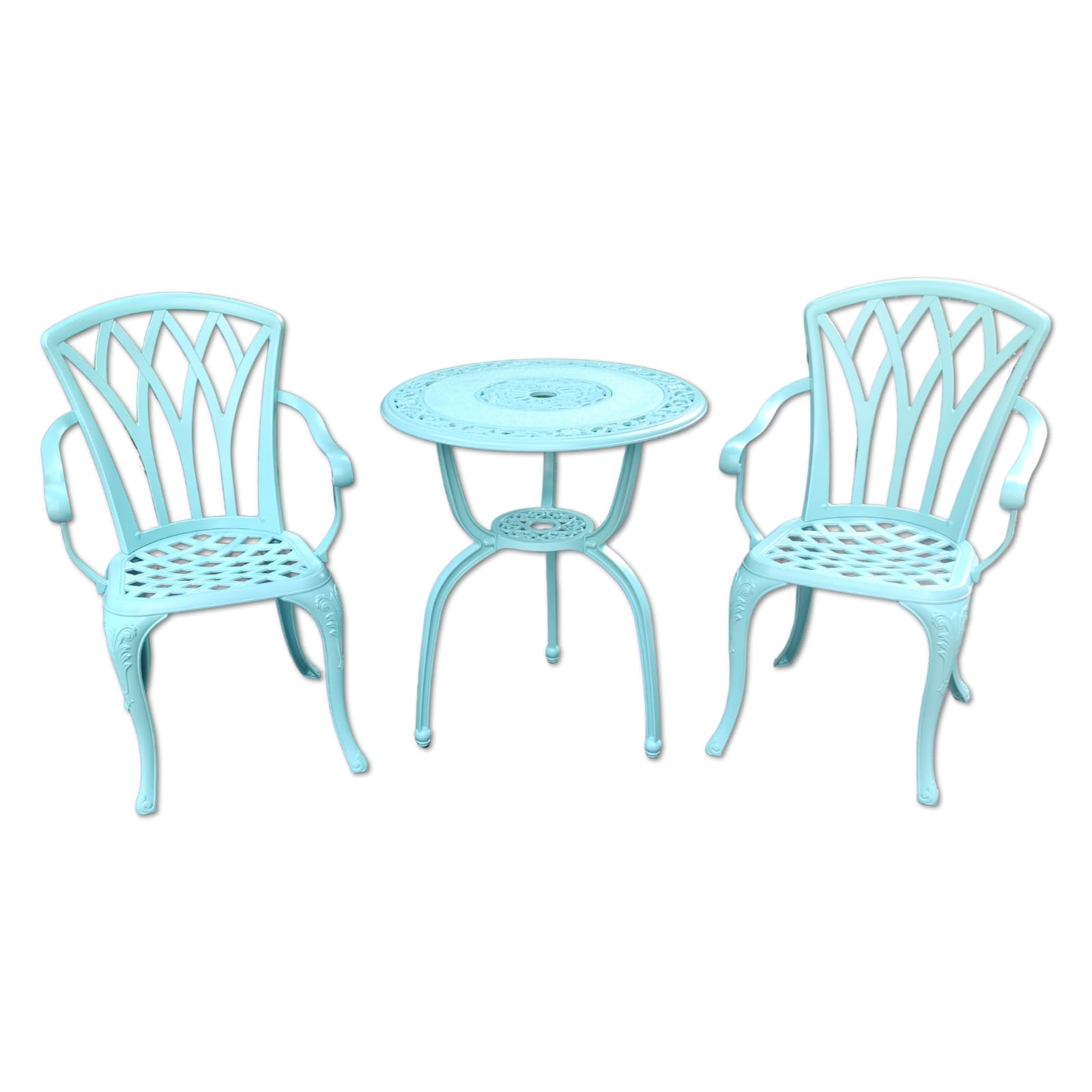 KAILI 3 Piece Bistro Table Set Cast Aluminum Outdoor Patio Furniture with Chair with armrests (Light Blue)