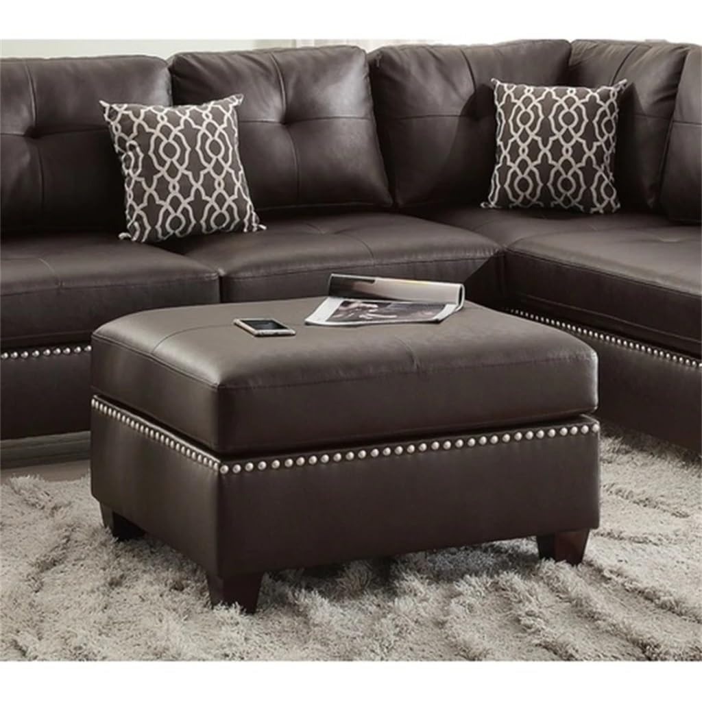 FANCUF Faux Leather Reversible Sectional Sofa with Ottoman in Espresso