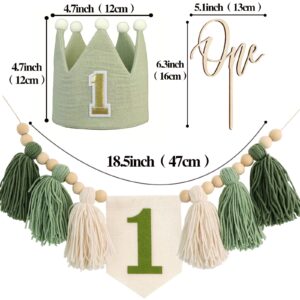 Handmade Boho 1st Birthday Wild One Green High Chair Banner Boho 1st Birthday Hat Decorations for Woodland Party for Girl Baby Shower Green Safari Wall Hangings Decorative for Kids Bedroom