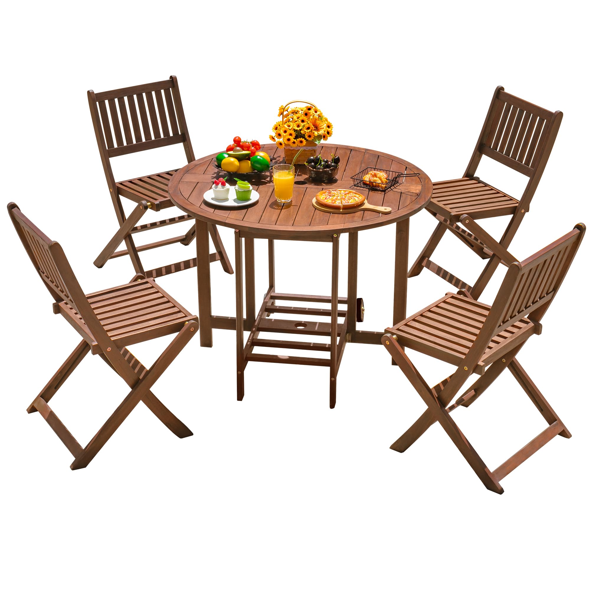 Devoko 5 PCS Patio Furniture, Patio Dining Set Acacia Wood Outdoor Table and Chairs, with 4 Folding Chairs and 37" Round Movable Table, Outdoor Dining Set for Lawn, Balcony, Garden