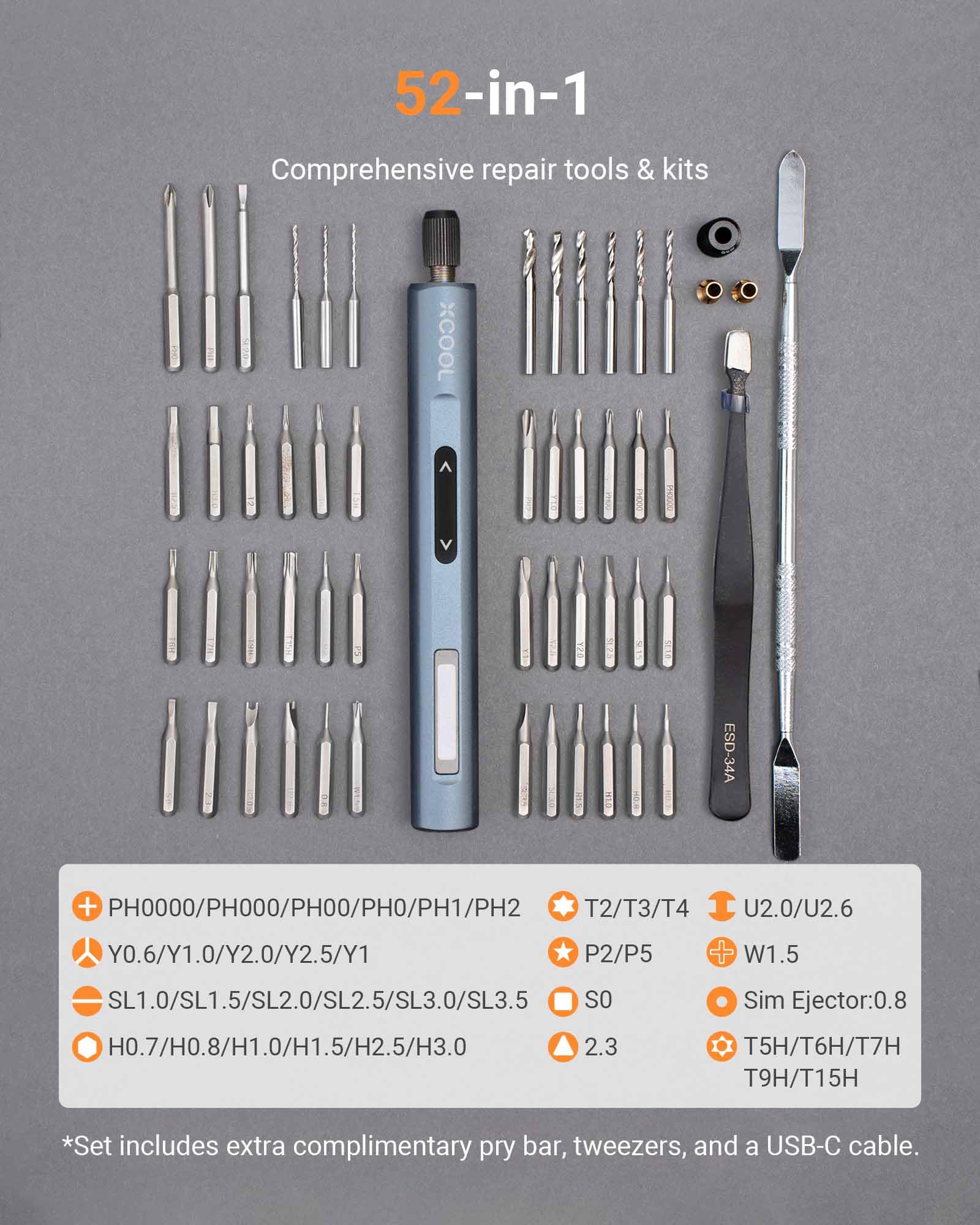 XCOOL Mini Electric Screwdriver Set with Drill Bits, 52-in-1 400RPM 5 Torque Settings Electric Precision Screwdriver, 48 Magnetic Bits, Pry Bar, Led, Tweezer, Electric Precision Screwdriver Kit for Pc