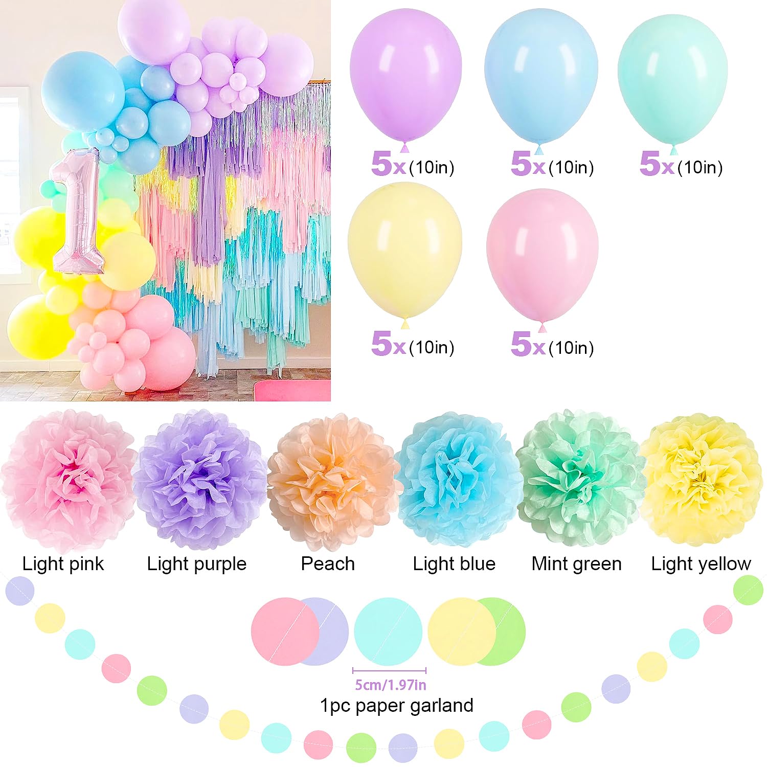 pugkloy Macaron Birthday Party Decorations with Macaron Happy Birthday Banner,Pastel Birthday Balloons,Circle Dots Garland,Tissue Pompoms,Hanging Swirls for Women Girls Pastel Birthday Decorations