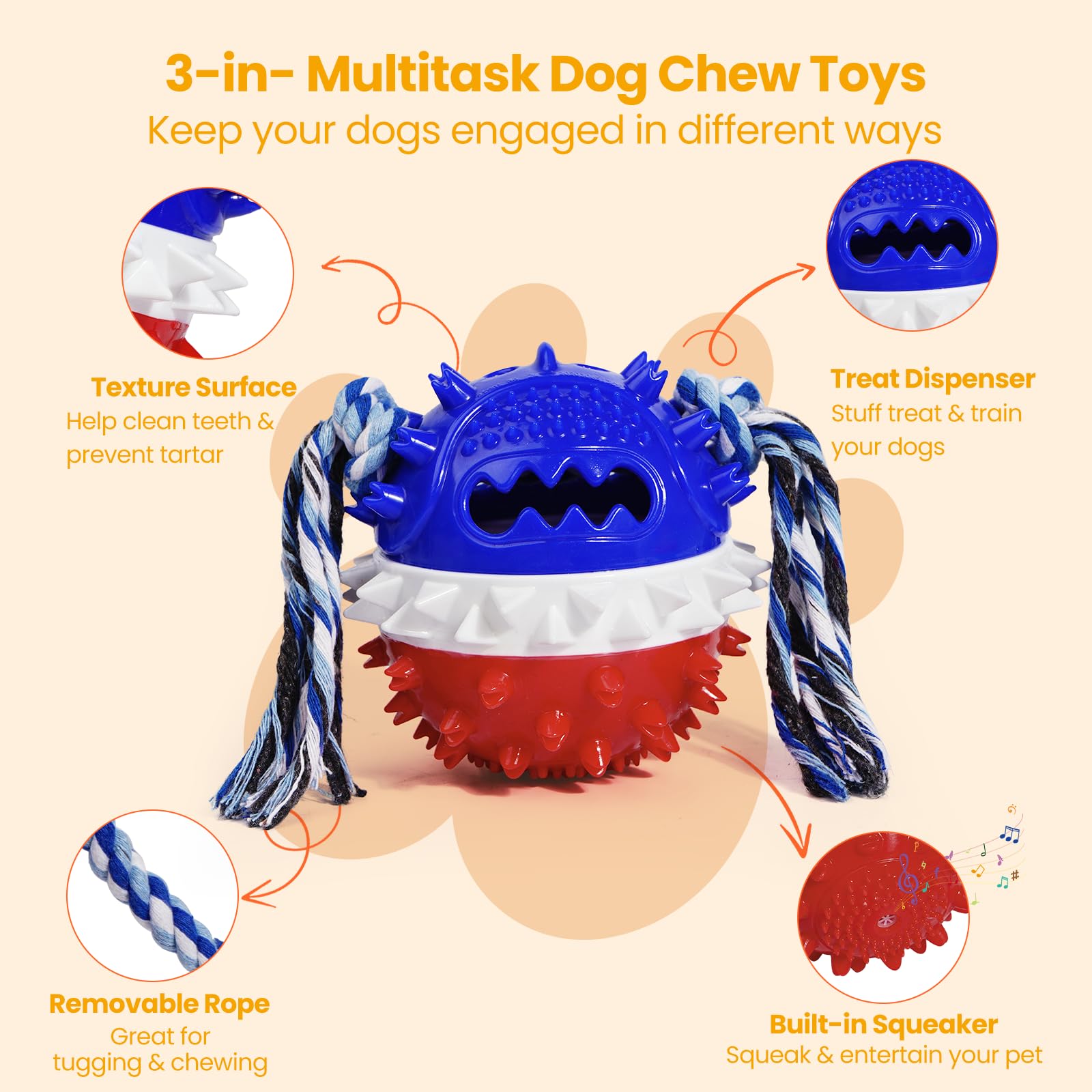 HGB Squeaky Dog Toys for Aggressive Chewers, Tough Dog Chew Toys for Large Medium Dogs, Indestructible Dog Toy to Keep Them Busy, Treat Dispensing Dog Toys for Boredom & Enrichment