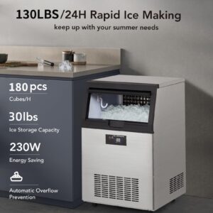 Commercial Ice Maker Machine 130lbs/24H, Stainless Steel Under Counter ice Machine with 30lbs Ice Storage Capacity, Freestanding Ice Maker(5 * 9 Ice Cube)