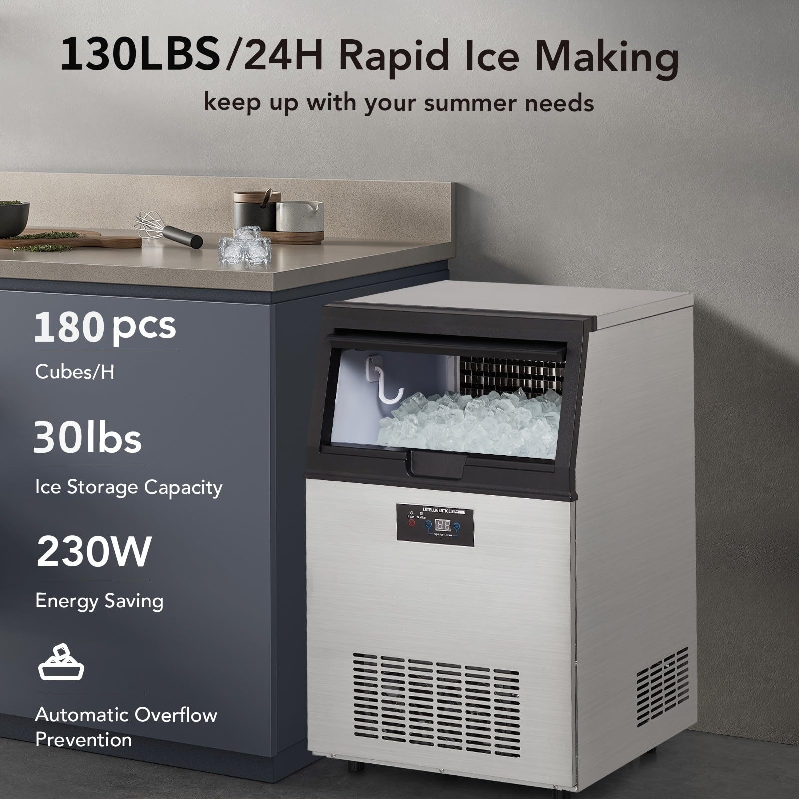 Commercial Ice Maker Machine 130lbs/24H, Stainless Steel Under Counter ice Machine with 30lbs Ice Storage Capacity, Freestanding Ice Maker(5 * 9 Ice Cube)