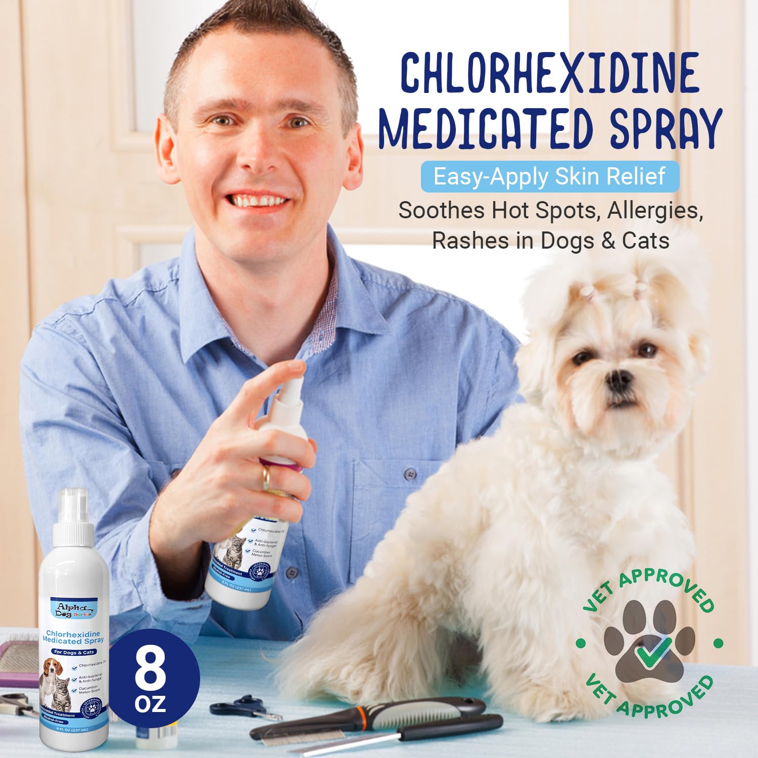 Alpha Dog Series Chlorhexidine Spray (8 oz) – Easy-Apply Skin Relief – Soothes Hot Spots, Rashes in Dogs & Cats - Itch Relief – Lightly Scented