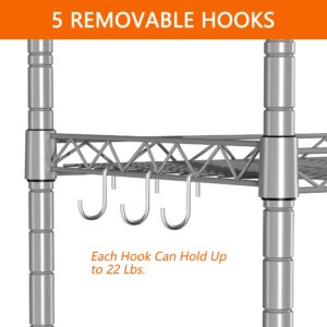 YOHKOH 3 Tier Storage Shelves Rack,16.6L x 11.5W x 32.5H Adjustable Metal Shelf Units,Steel Storage Wire Shelving,Closet,Kitchen,Home,Office with 5 Hooks Silver